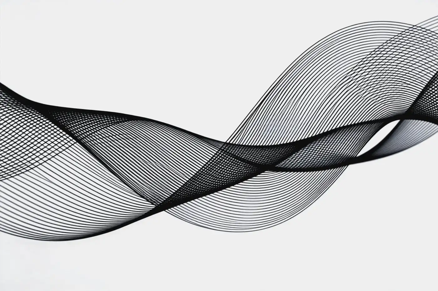 A ribbon of fine black lines twisting across a white ground
