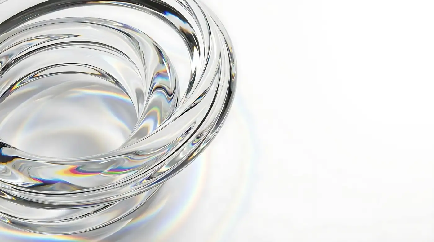 A circle of clear glass coiled on a white surface, refracting the light around its rim