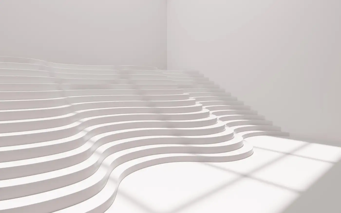 A flight of white curved steps rising in even daylight